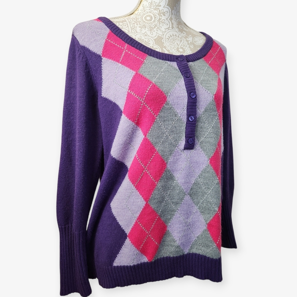 Lane Bryant Purple Argyle Grandpa Preppy Office Casual Plus Sweater Size 14/16